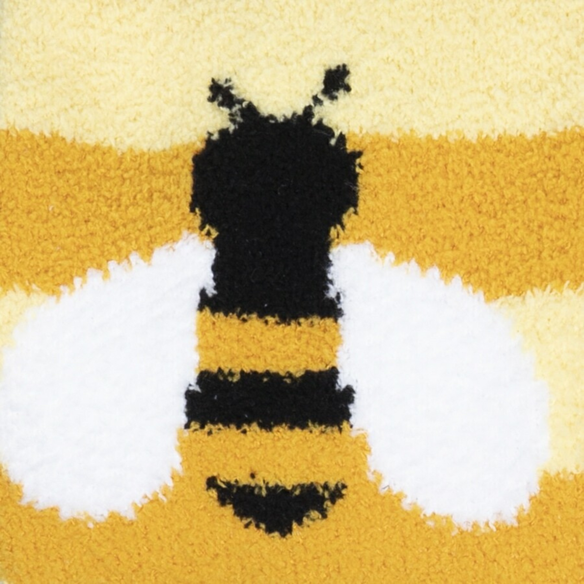 Detail of Sock It To Me Bee Cozy women&#39;s yellow stripe slipper sock featuring bees all over
