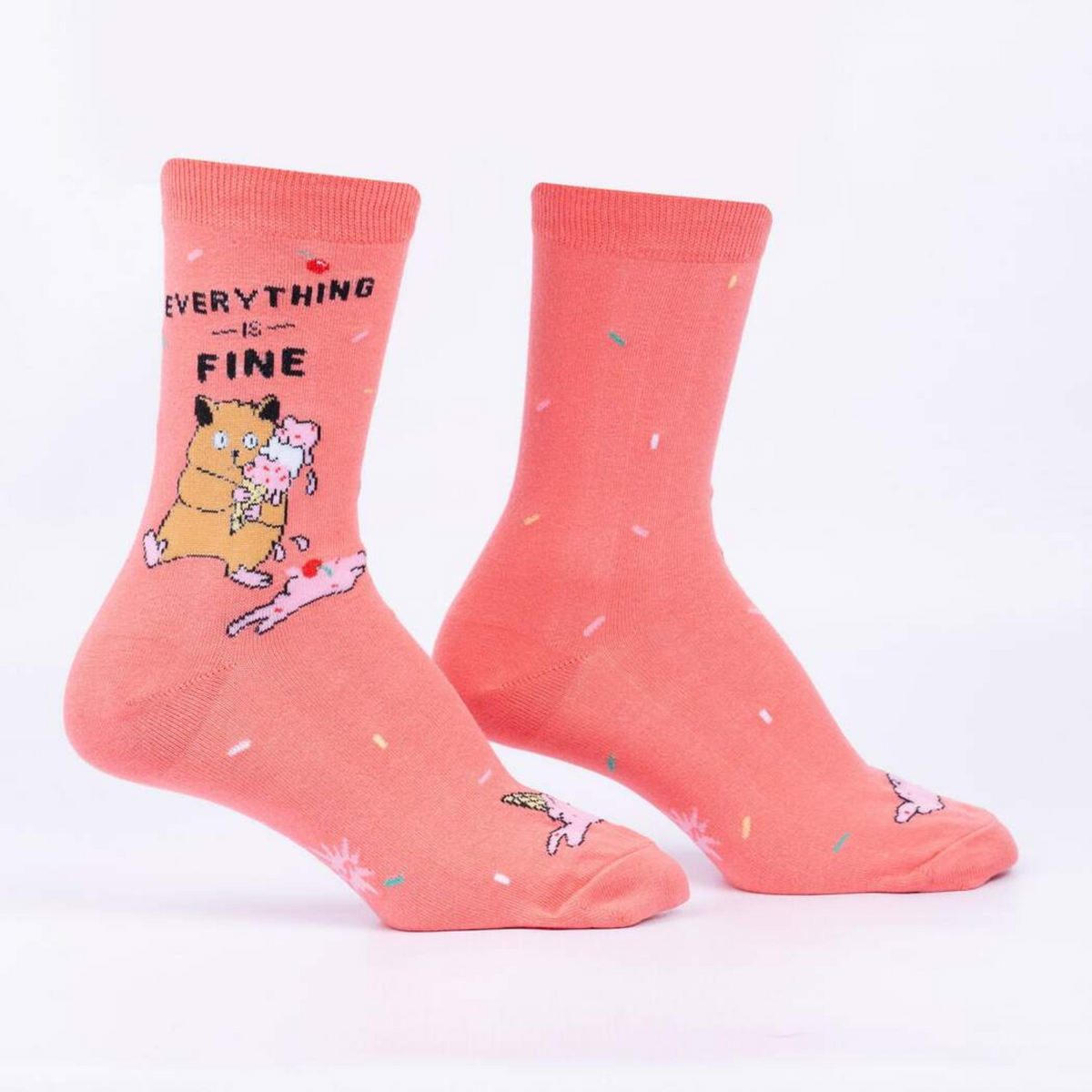 Sock It To Me Everything is Fine women&#39;s pink crew sock featuring &quot;Everything Is Fine&quot; with hamster holding ice cream cone with dropped ice cream on display feet