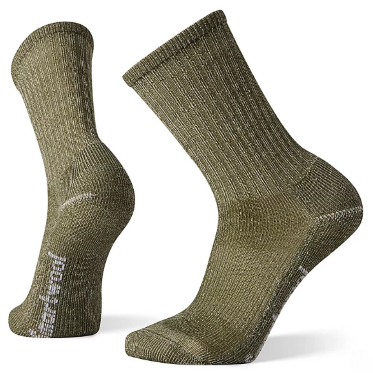 Smartwool Hike Classic Edition Light Cushion Crew men&#39;s sock featuring military olive colored sock shown on display feet. 