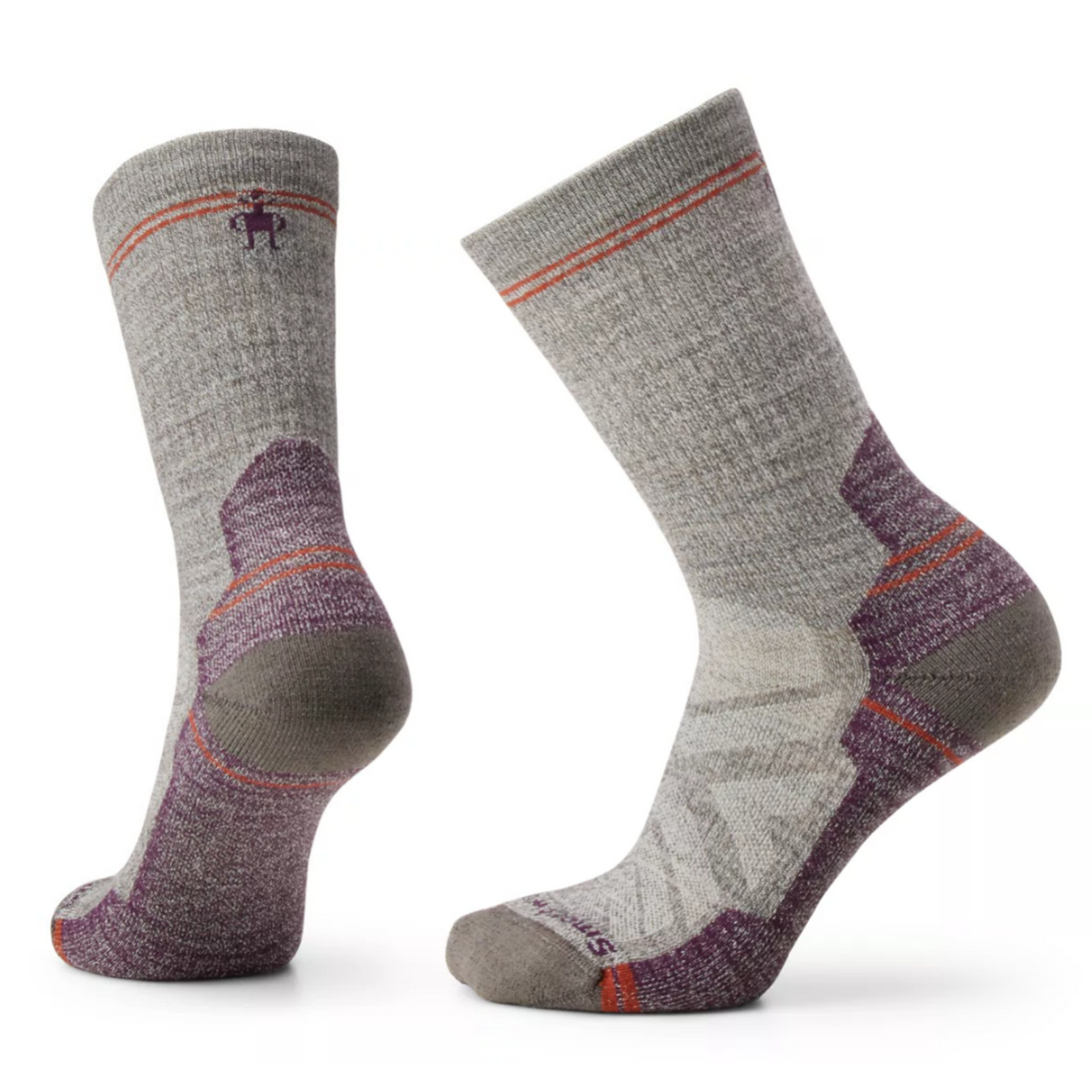 Smartwool Hike Light Cushion Crew women&#39;s sock featuring taupe sock with purple/taupe blend on bottom and achilles area. Socks shown on display feet. 