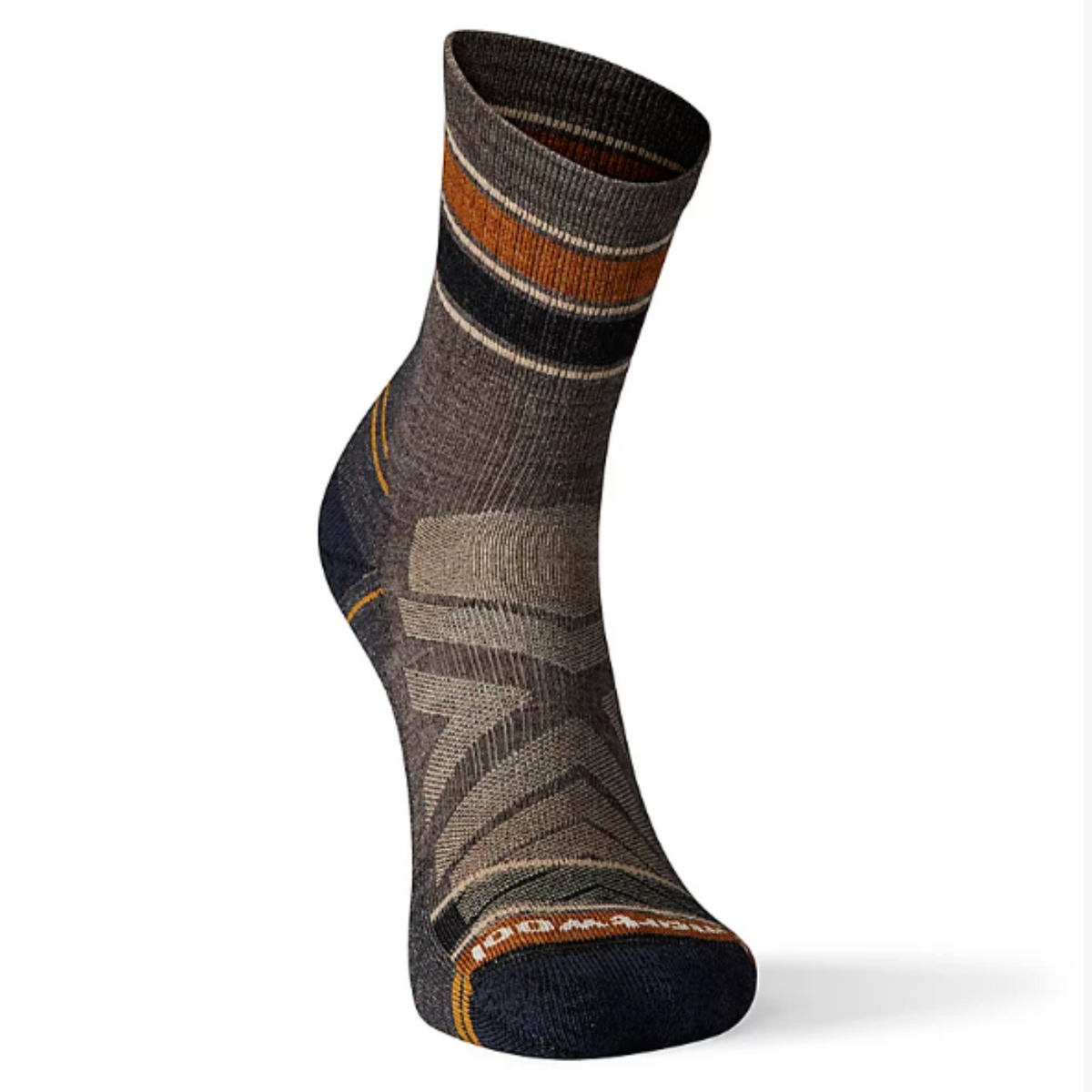 Smartwool Hike Light Cushion Striped Mid Crew men&#39;s sock featuring brown sock with stripes. Socks shown on display feet from front. 