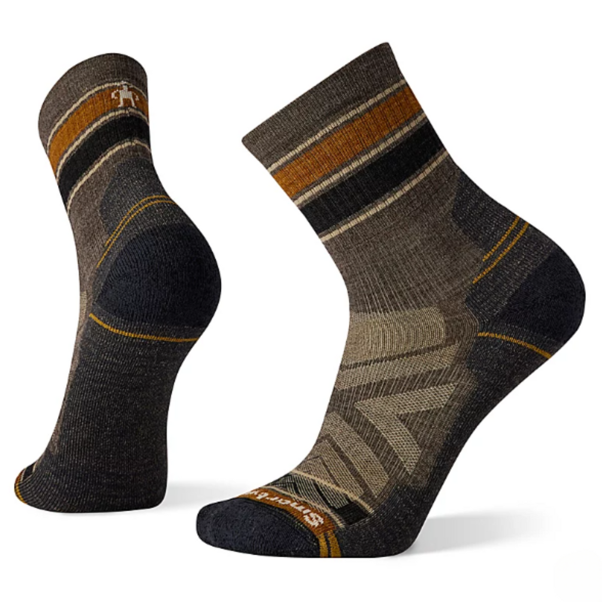 Smartwool Hike Light Cushion Striped Mid Crew men&#39;s sock featuring brown sock with stripes. Socks shown on display feet from back and side. 