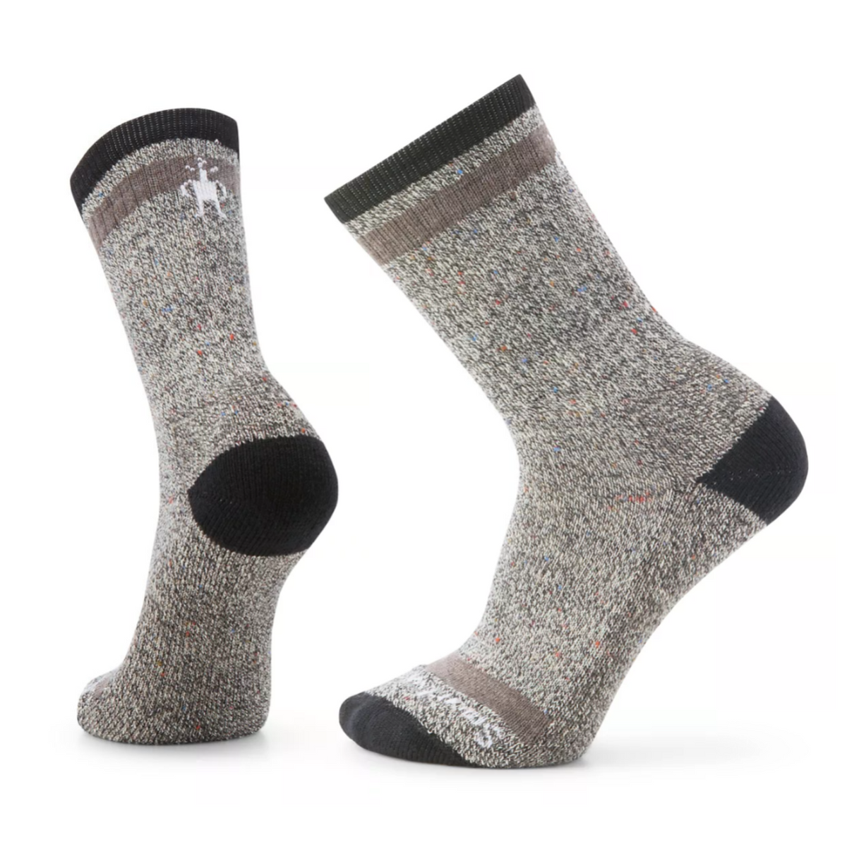 Smartwool Larimer Crew men&#39;s sock featuring gray sock with black and brown bands around top. Black cuff, heel, and toe. Shown on display feet. 