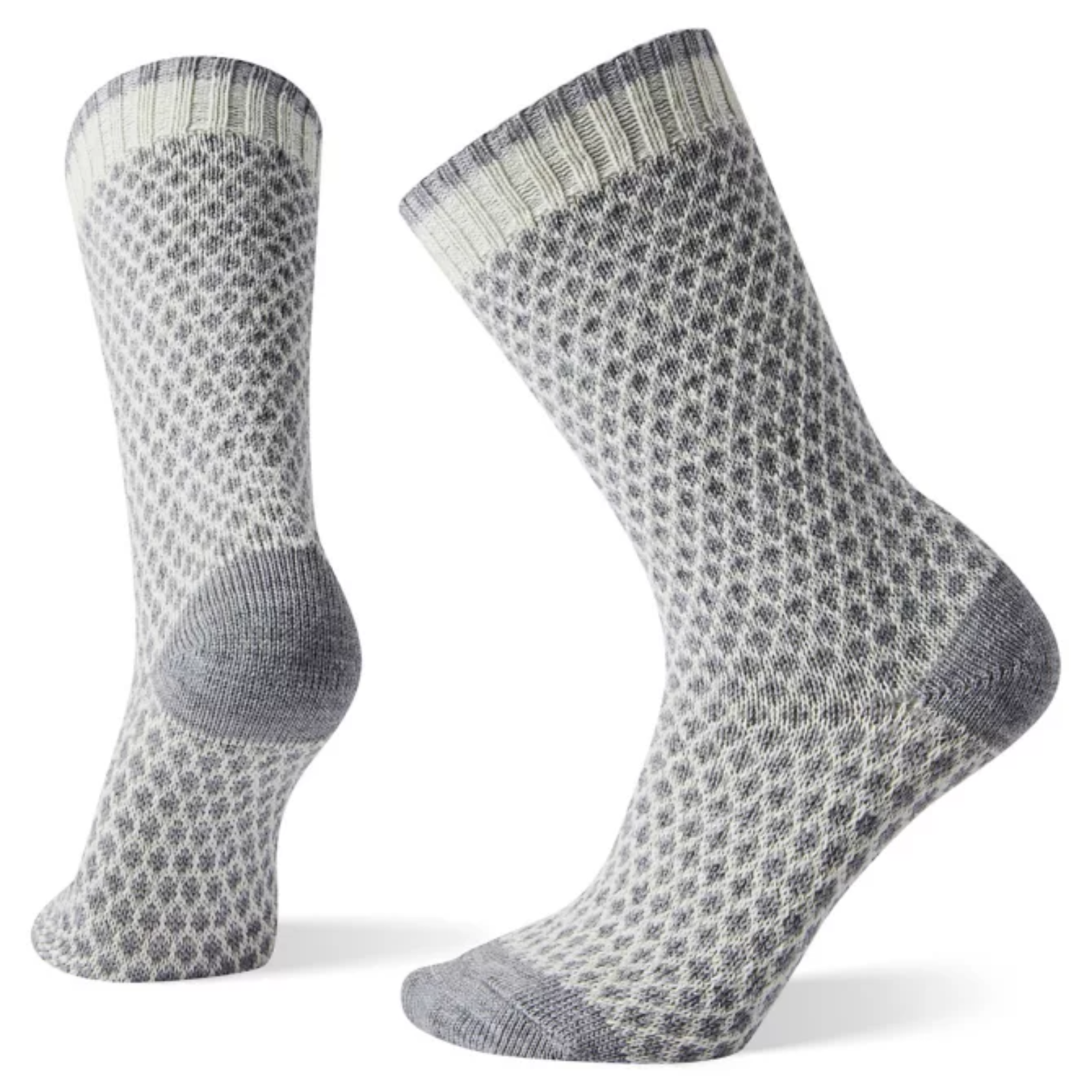 Smartwool Popcorn Polka Dot Crew women's sock featuring white and gray pattern all over with gray toes and heel. Socks shown on display feet. 