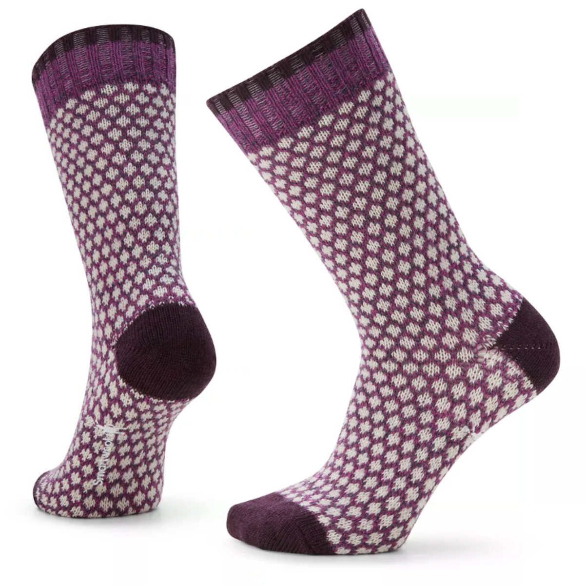 Smartwool Popcorn Polka Dot Crew women&#39;s sock featuring white and purple pattern all over with purple toes and heel. Socks shown on display feet. 