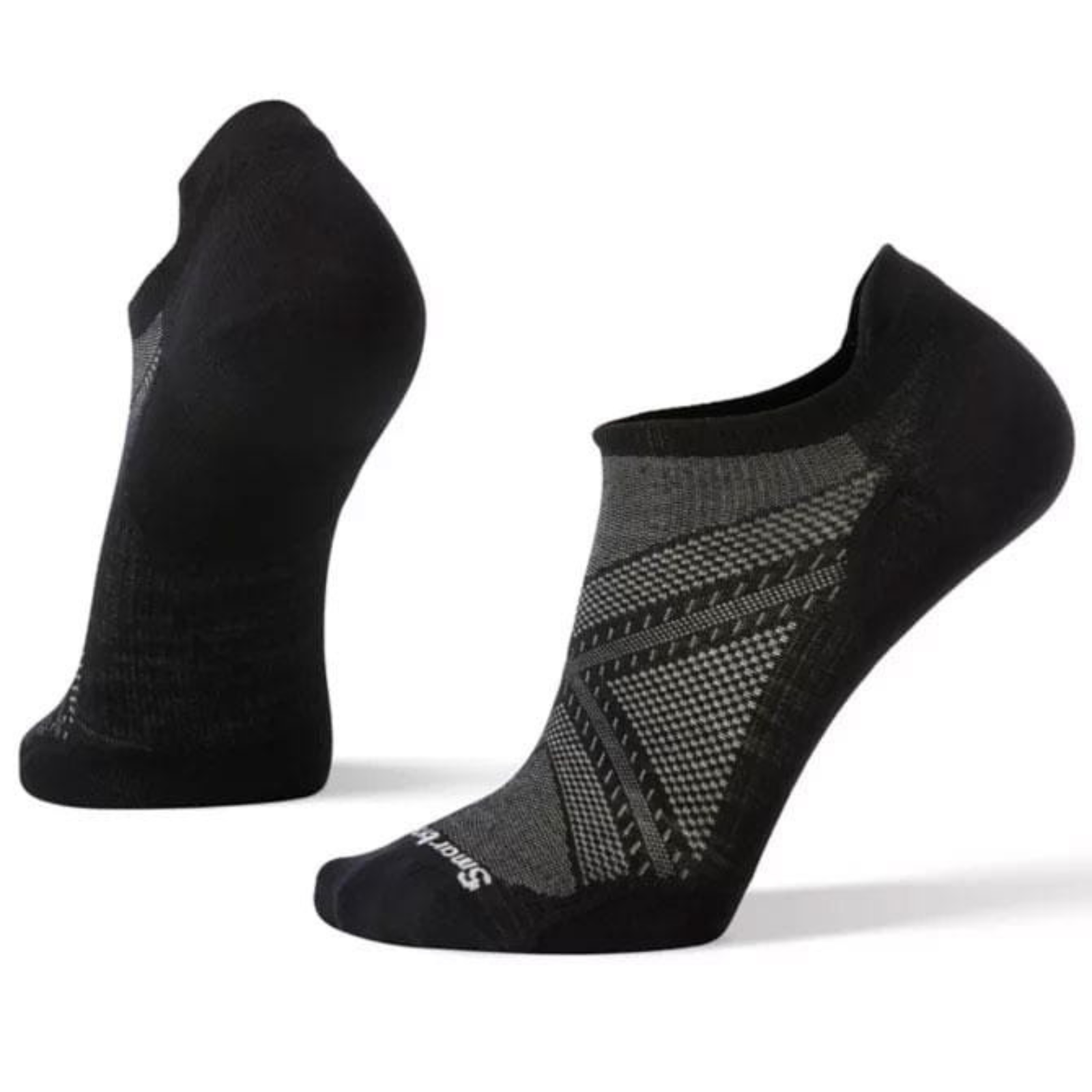 Smartwool Run Zero Cushion Low Ankle men's sock featuring black sock shown on display feet.