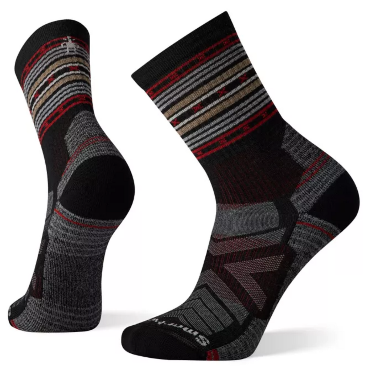Smartwool Spiked Stripe Hike Light Cushion Crew men&#39;s crew sock featuring charcoal sock with black, red, and gray pattern. Socks shown on display feet from back and side.