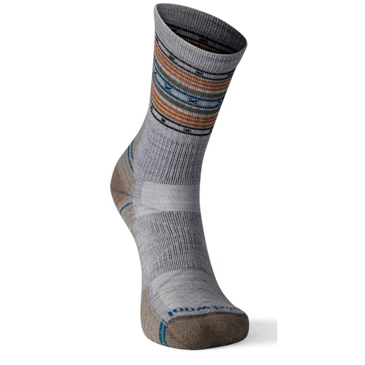 Smartwool Spiked Stripe Hike Light Cushion Crew men&#39;s crew sock featuring light gray sock with black, brown, and olive pattern. Socks shown on display feet from front. 