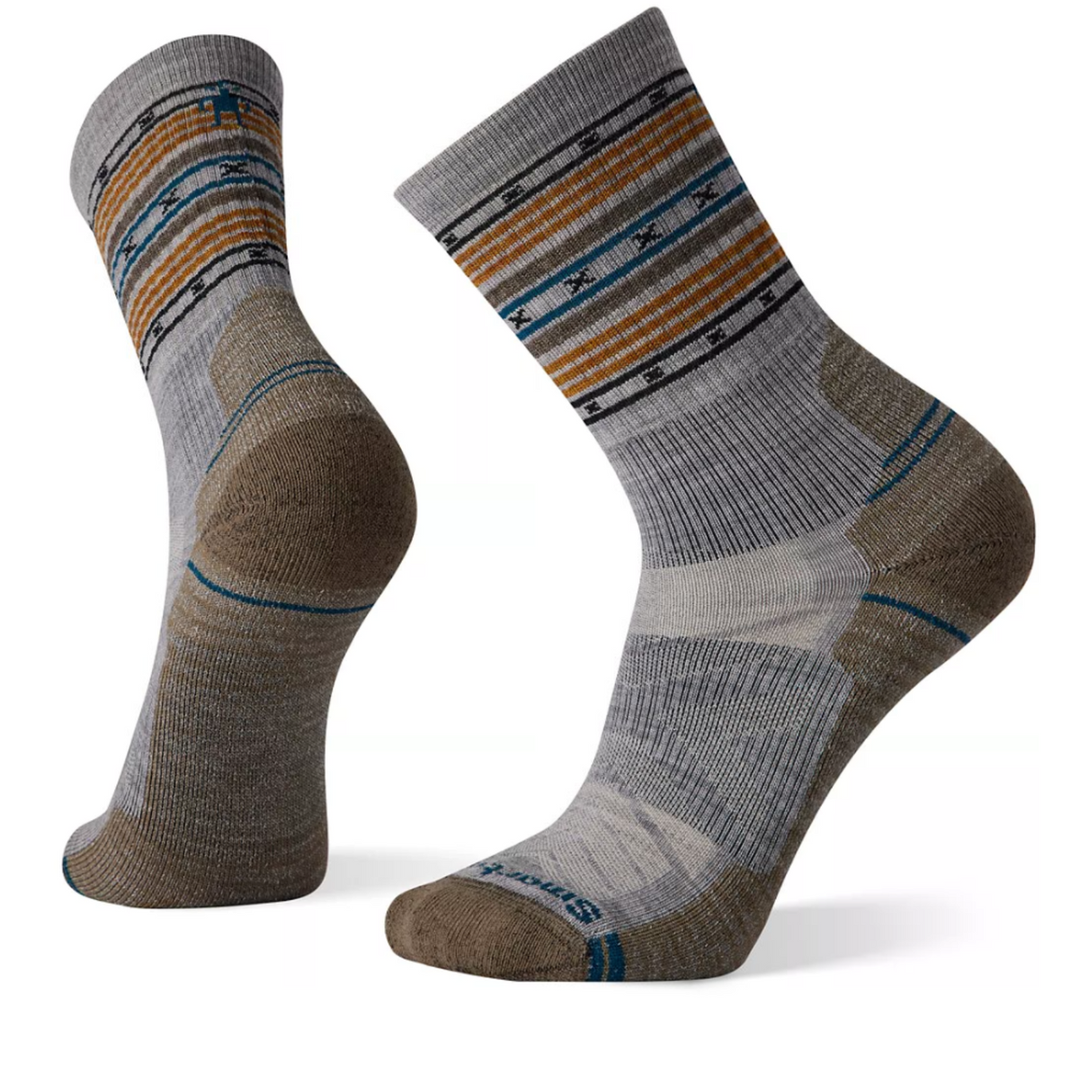 Smartwool Spiked Stripe Hike Light Cushion Crew men&#39;s crew sock featuring light gray sock with black, brown, and olive pattern. Socks shown on display feet from back and side.