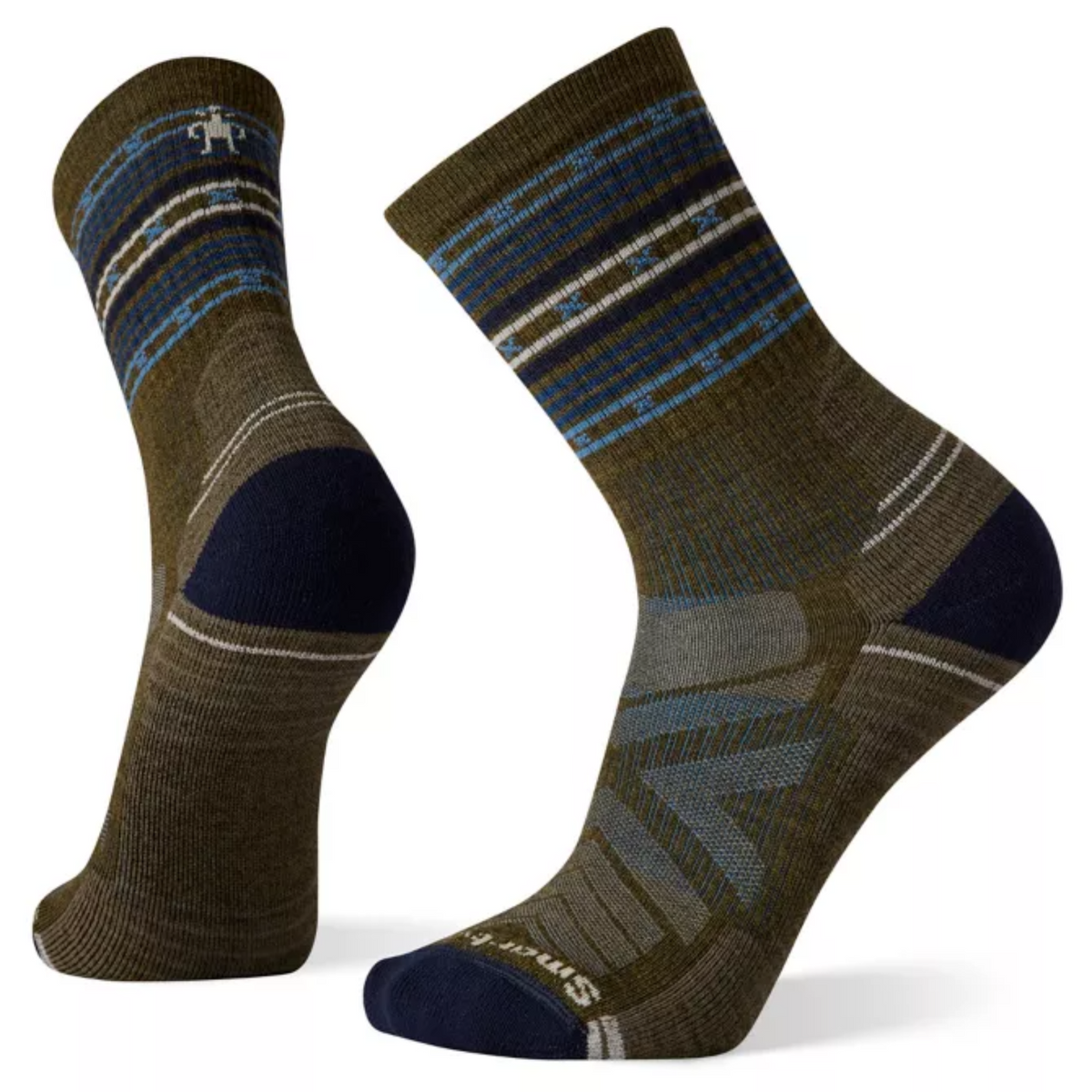 Smartwool Spiked Stripe Hike Light Cushion Crew men&#39;s crew sock featuring military olive sock with blue, white, and black pattern. Socks shown on display feet from back and side.