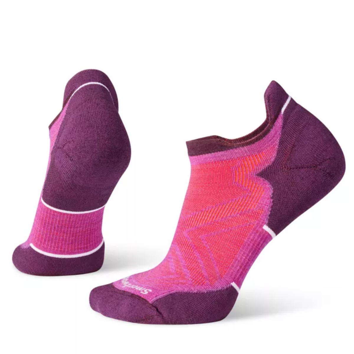 Meadow Mauve (purple and pink colored) Smartwool Run Targeted Cushion Low Ankle women&#39;s sock. Show on display feet from side. 