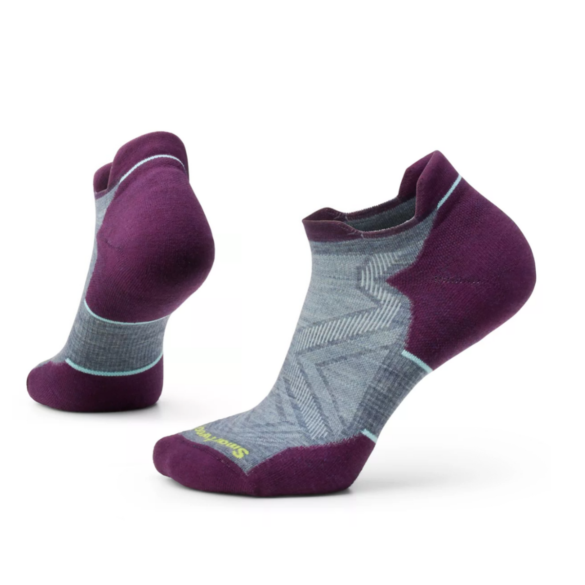 Pewter Blue (purple and gray colored) Smartwool Run Targeted Cushion Low Ankle women&#39;s sock. Show on display feet from side. 