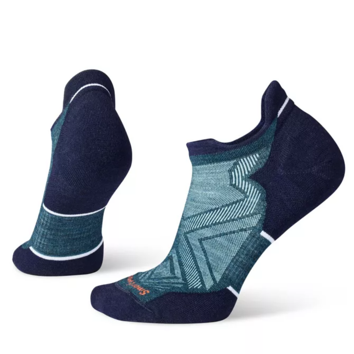Twilight Blue (Navy blue and aqua colored) Smartwool Run Targeted Cushion Low Ankle women&#39;s sock. Show on display feet from side. 