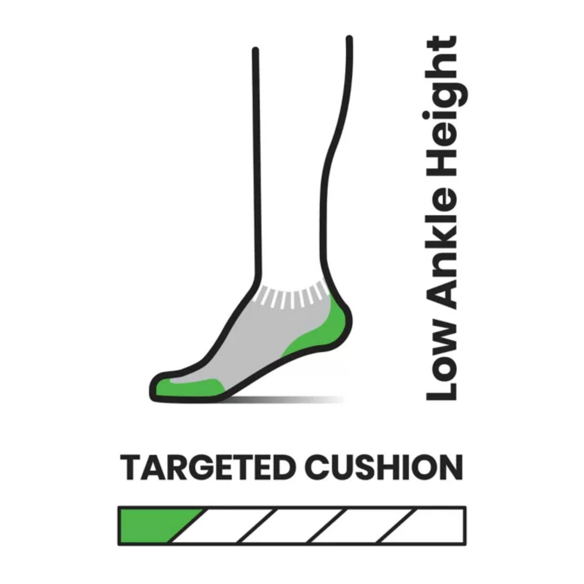 Information graphic showing height and cushion of Smartwool Run Targeted Cushion Low Ankle women&#39;s sock. 