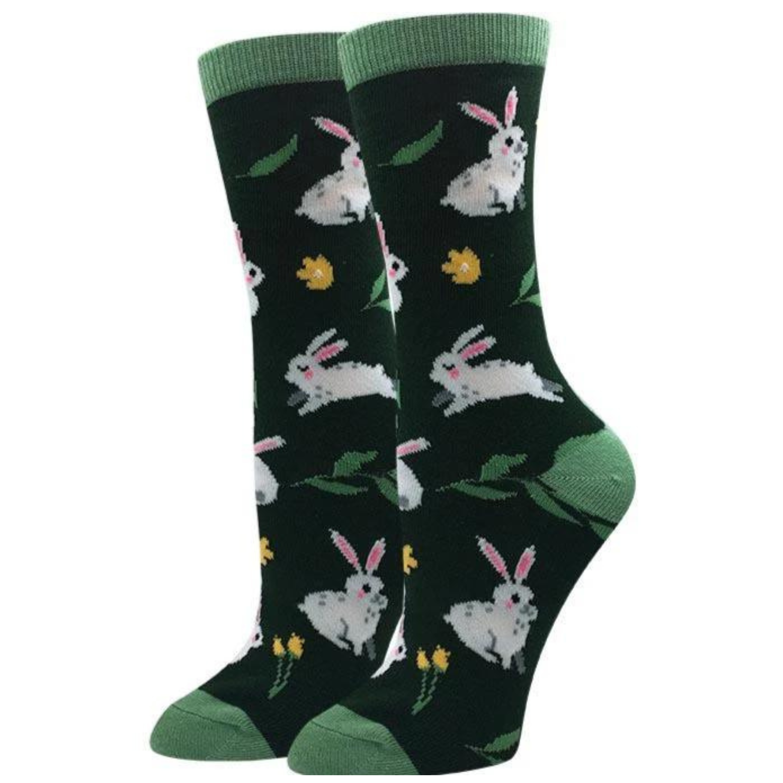 Sock Harbor Bunny women's crew sock featuring green sock with white bunny rabbits all over shown on display feet