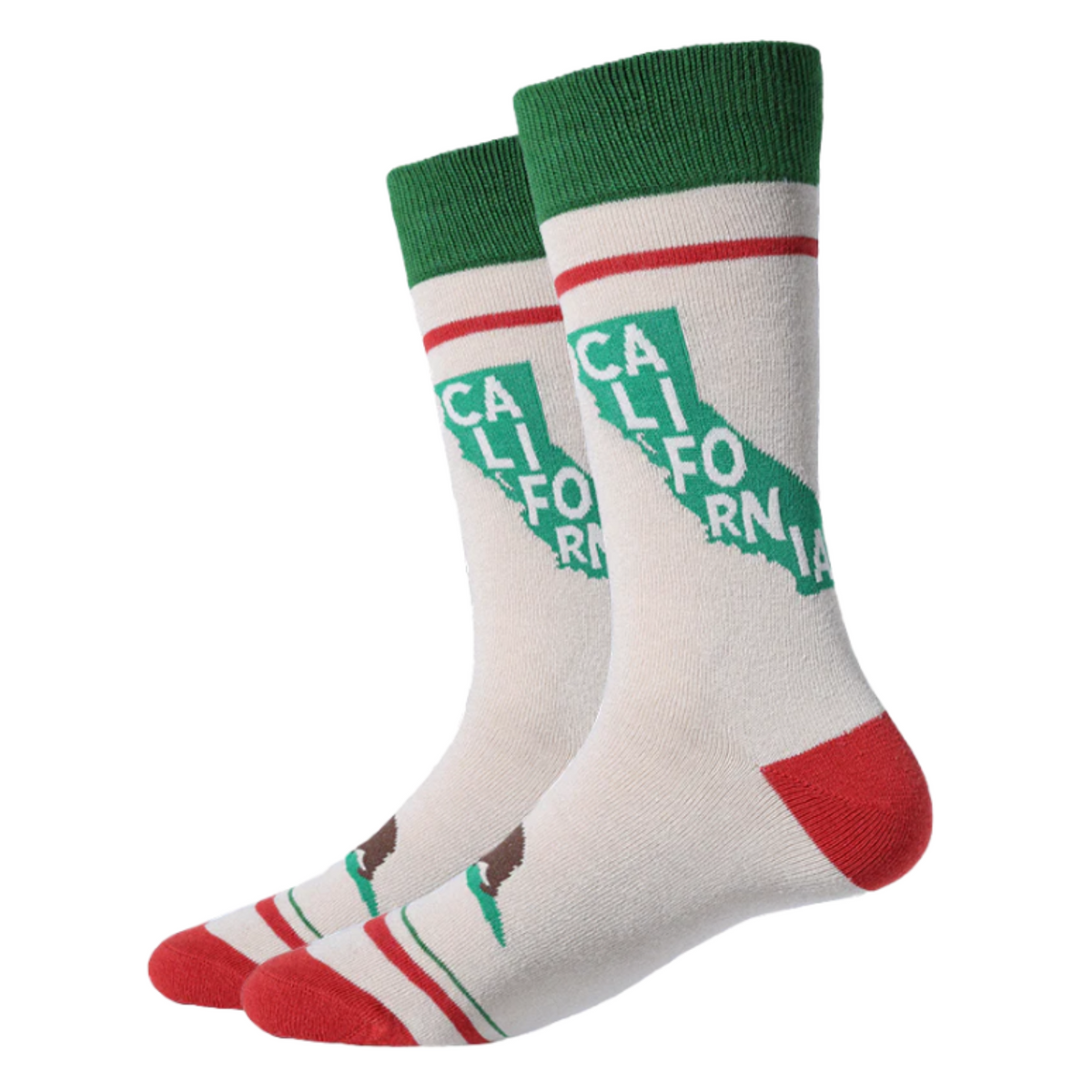 Sock Harbor California Silhouette men&#39;s crew sock featuring beige sock with green cuff and red toes with green silhouette of California and the letters &quot;California&quot; inside the silhouette. The Bear from the California state flat is on the top of the foot. Sock shown on display feet. 
