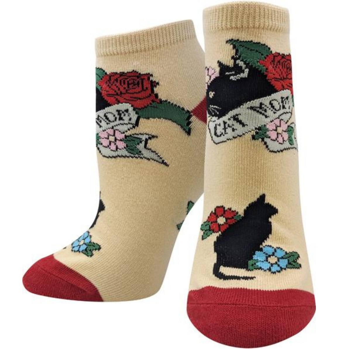 Sock Harbor Cat Mom women&#39;s ankle sock featuring beige sock with red toes and black cat with flowers and &quot;Cat Mom&quot; banner on display feet