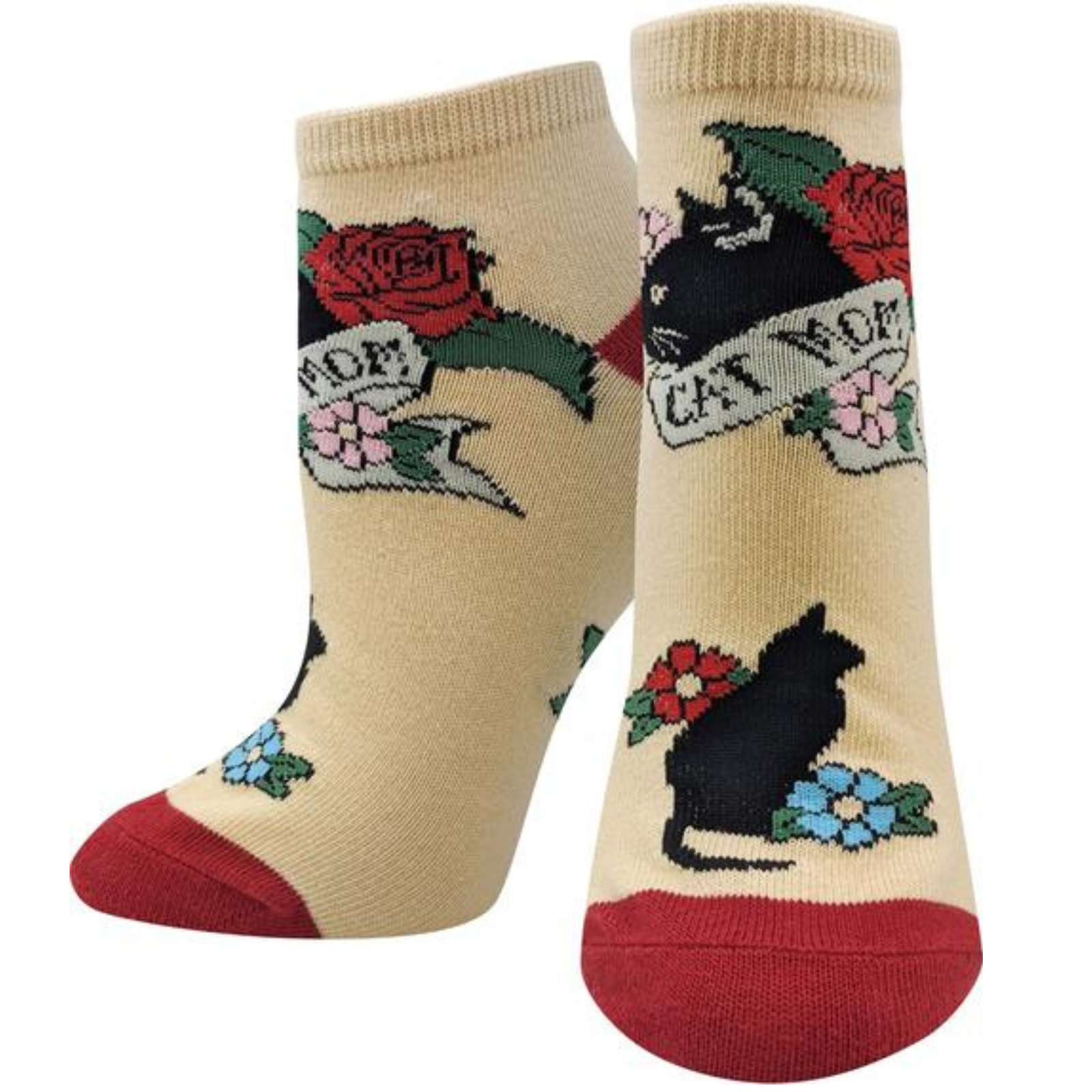 Sock Harbor Cat Mom women's ankle sock featuring beige sock with red toes and black cat with flowers and "Cat Mom" banner on display feet