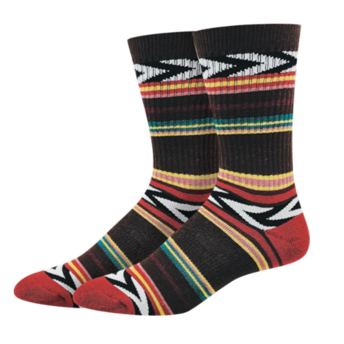 Sock Harbor Codorniz Active men&#39;s crew sock featuring brown sock with various colored stripes all over on display foot