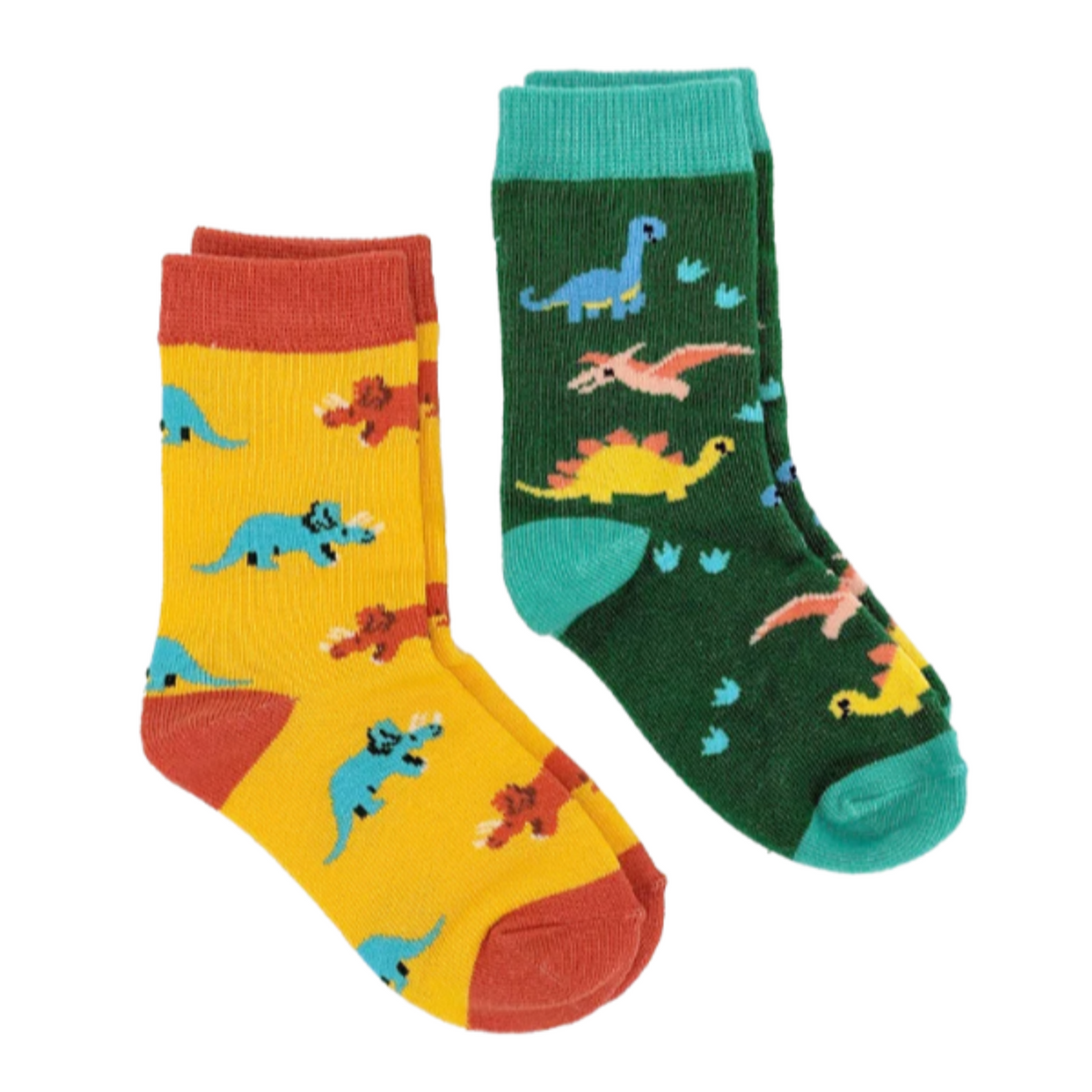Sock Harbor Dinosaurs 2-pack kids&#39; socks featuring yellow sock with blue and red Triceratops &amp; green sock with blue Brontosaurus and yellow and pink other dinosaurs. Socks shown flat on display. 