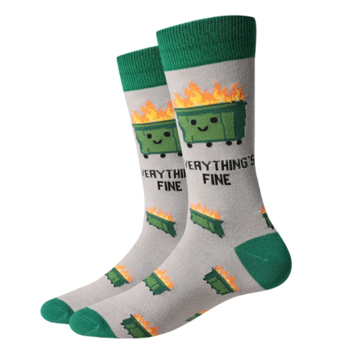 Sock Harbor Everything&#39;s Fine men&#39;s crew sock featuring gray sock with green cuff, heel and toe. Sock has &quot;Everything&#39;s Fine&quot; written on it with image of smiling trash dumpster on fire. Socks shown on display. 