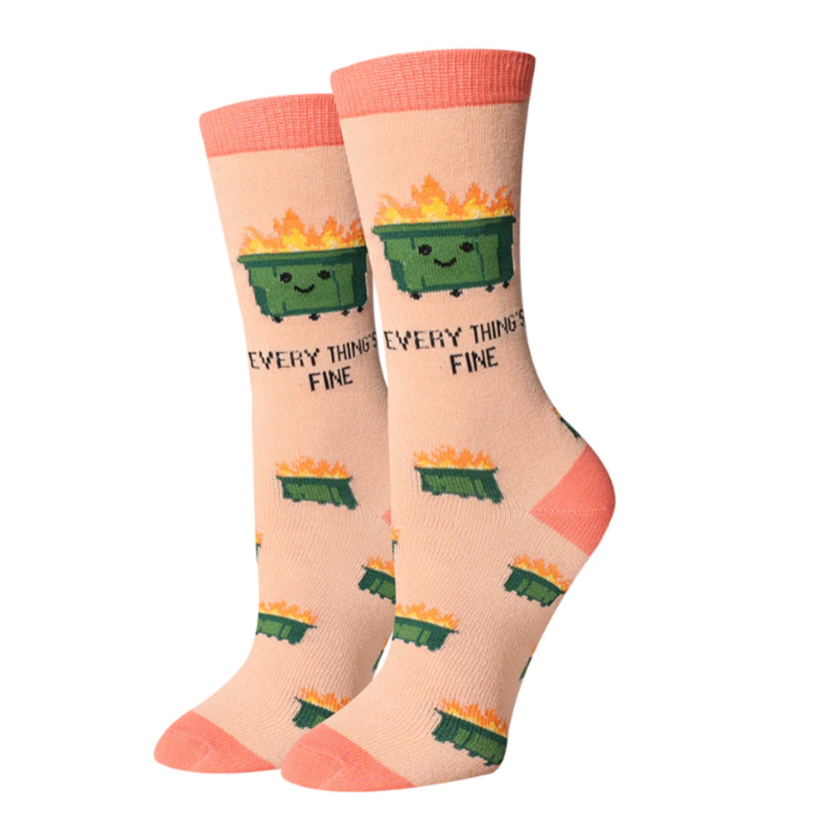 Sock Harbor Everything&#39;s Fine women&#39;s crew sock featuring pink sock with pink cuff, heel and toe. Sock has &quot;Everything&#39;s Fine&quot; written on it with image of smiling trash dumpster on fire. Socks shown on display. 