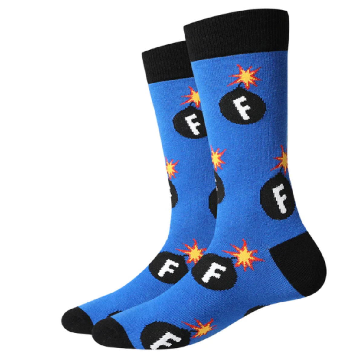 Sock Harbor F Bomb women&#39;s and men&#39;s sock featuring navy blue sock with red cuff, toe, and heel and black bombs with F on it on display feet