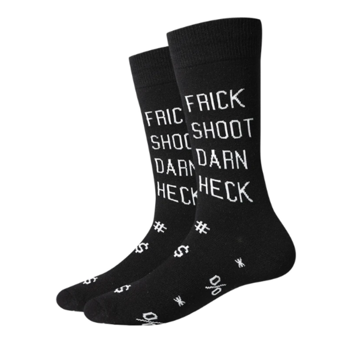 Sock Harbor Frick Shoot men&#39;s sock featuring black sock with words &quot;Frick, Shoot, Darn, Heck&quot; and punctuation marks in white font on display feet