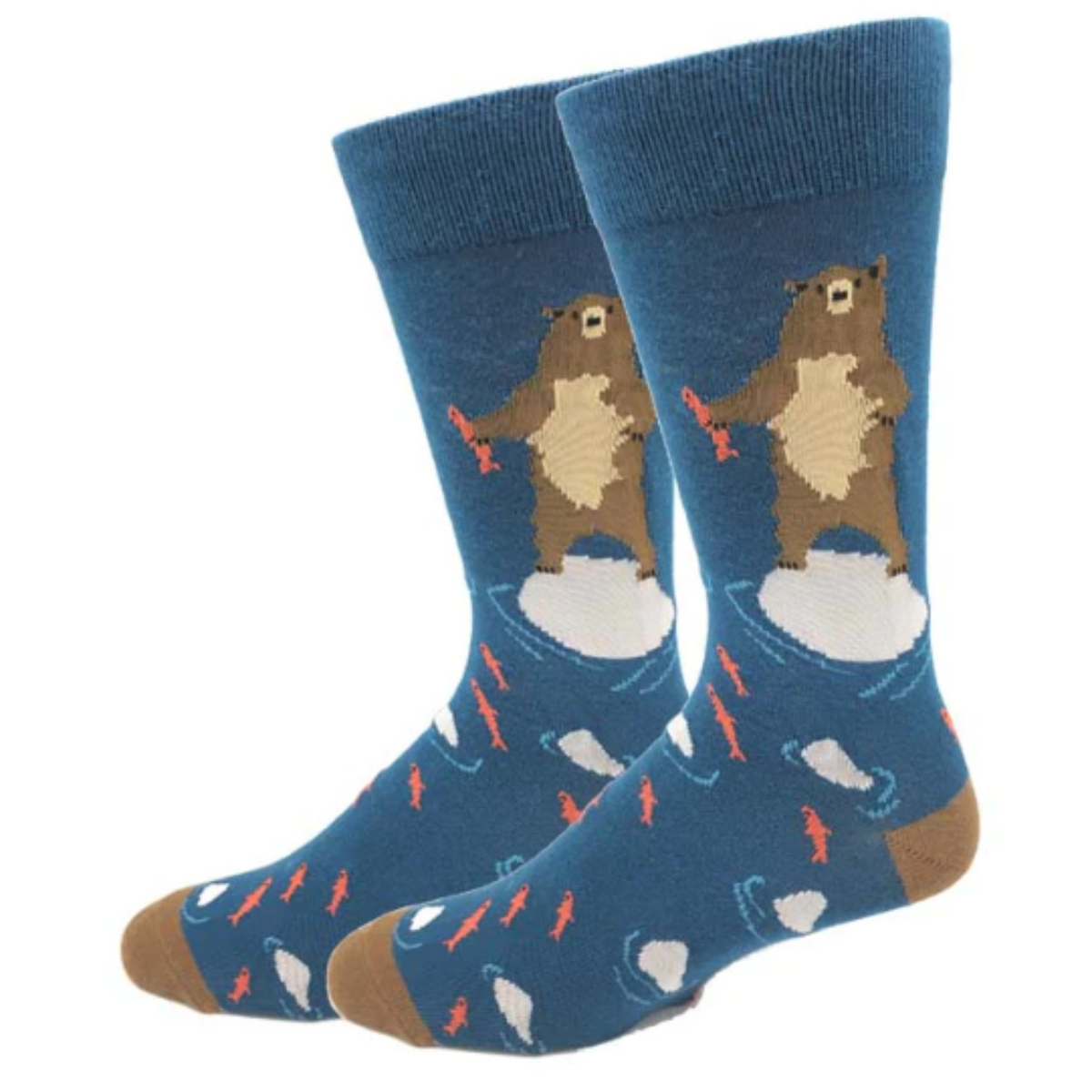 Sock Harbor Hungry Bear men&#39;s sock featuring blue sock with brown bear eating pink salmon