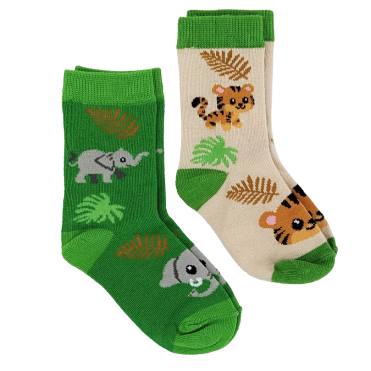 Sock Harbor Safari 2-pack kids&#39; crew socks featuring green sock with elephants and beige sock with leopards. Socks shown laying flat on display.