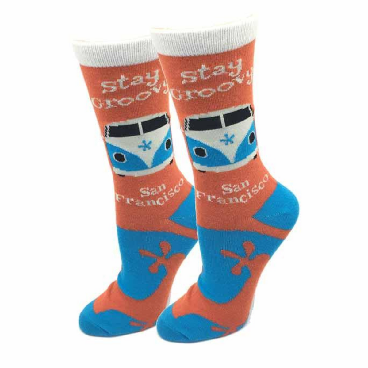 Sock Harbor Stay Groovy women&#39;s crew sock featuring orange sock with the words &quot;Stay Groovy&quot; and vw van