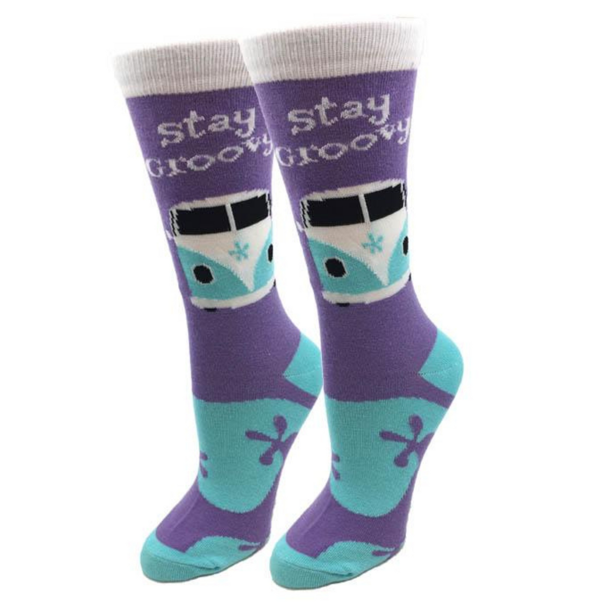 Sock Harbor Stay Groovy women&#39;s crew sock featuring purple sock with the words &quot;Stay Groovy&quot; and vw van
