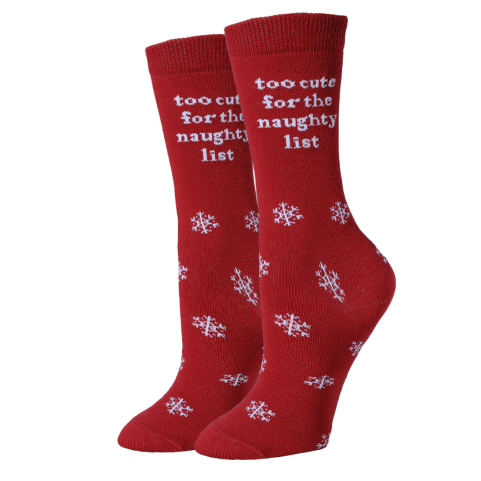 Sock Harbor Too Cute women's crew sock featuring red sock with snowflakes and "too cute for the naughty list". Socks shown on display feet. 