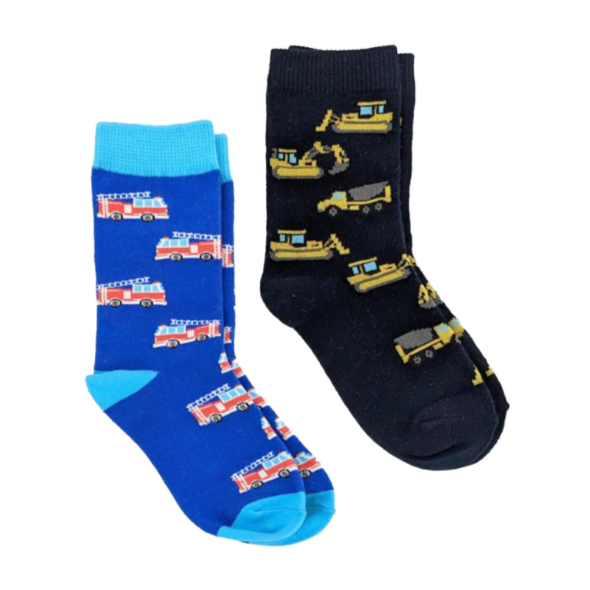 Sock Harbor Trucks 2-pack kids&#39; crew socks featuring blue sock with red fire trucks and black sock with yellow construction trucks. Socks shown on display laying flat. 