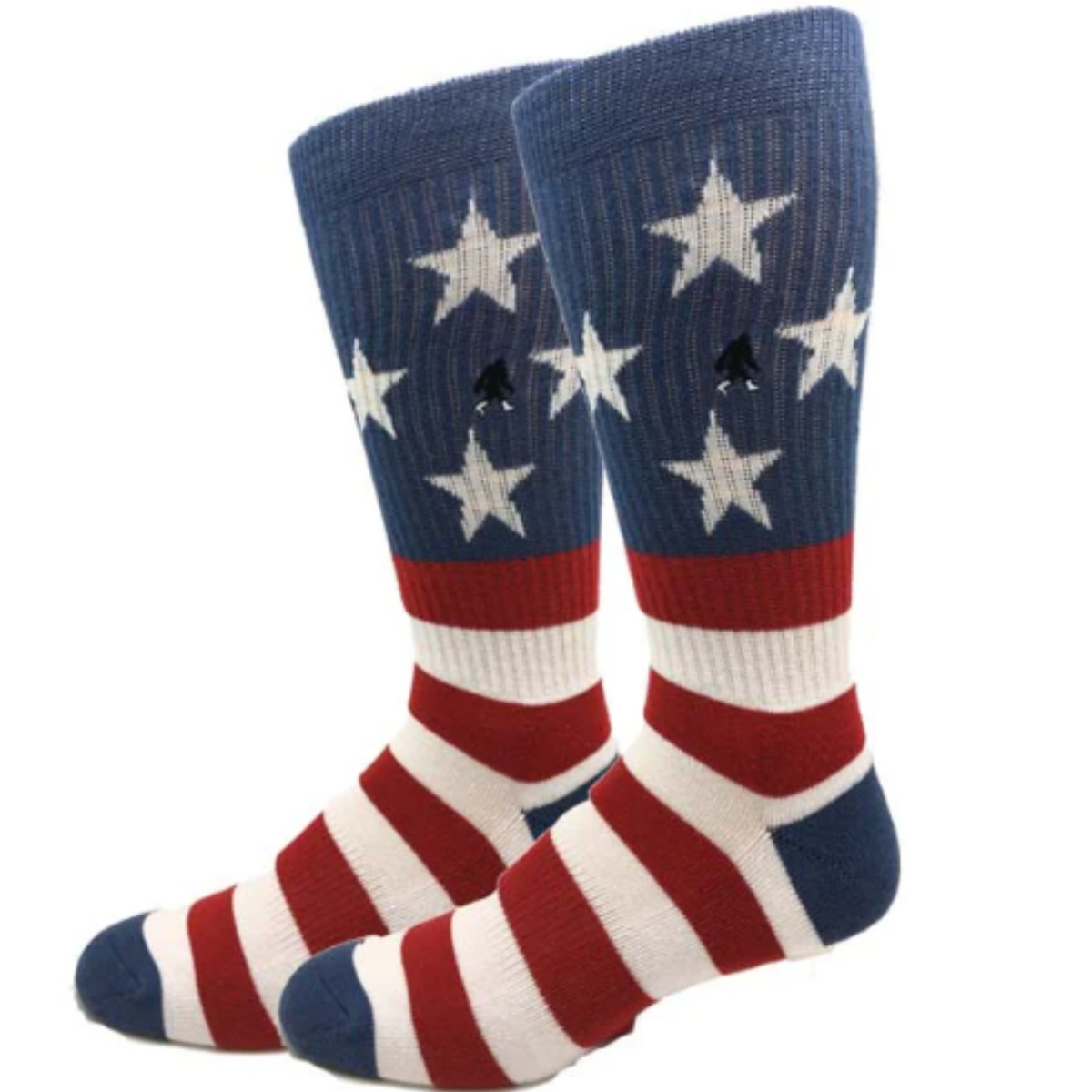 Sock Harbor USA Flag Active men&#39;s sock featuring white stars on blue background on leg and red and white stripes on the foot shown on display feet