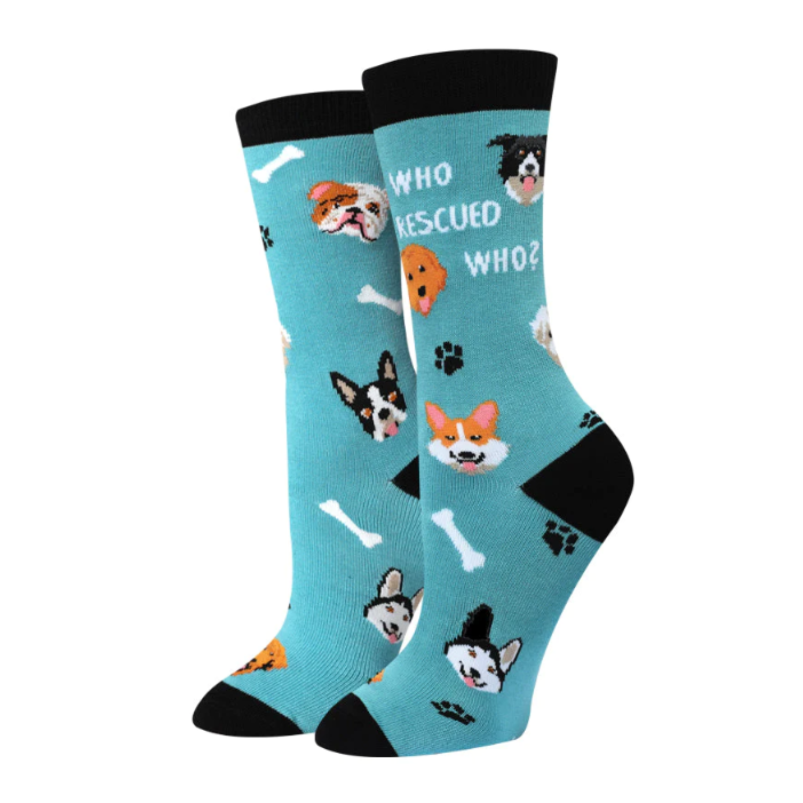 Sock Harbor women's blue crew sock with Who Rescued Who written on it and pictures of dog paws, bones, and dog faces