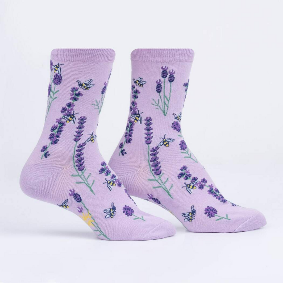 Sock It To Me Bees and Lavender women&#39;s socks featuring lavender socks with bees and lavender flowers all over on display feet