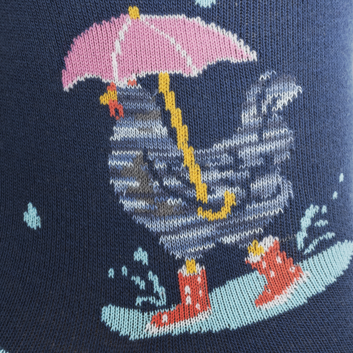 Detail of chicken with an umbrella on Sock It To Me Chicken Little women&#39;s crew sock featuring blue sock with light blue heel and toe with chickens in the rain all over.