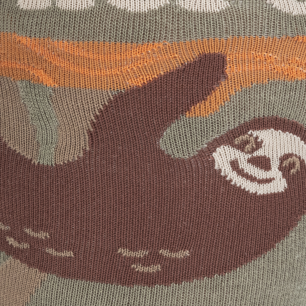 Sock It To Me Hang in There women&#39;s sock featuring brown socks with sloths and the saying &quot;hang in there&quot; detail of smiling sloth