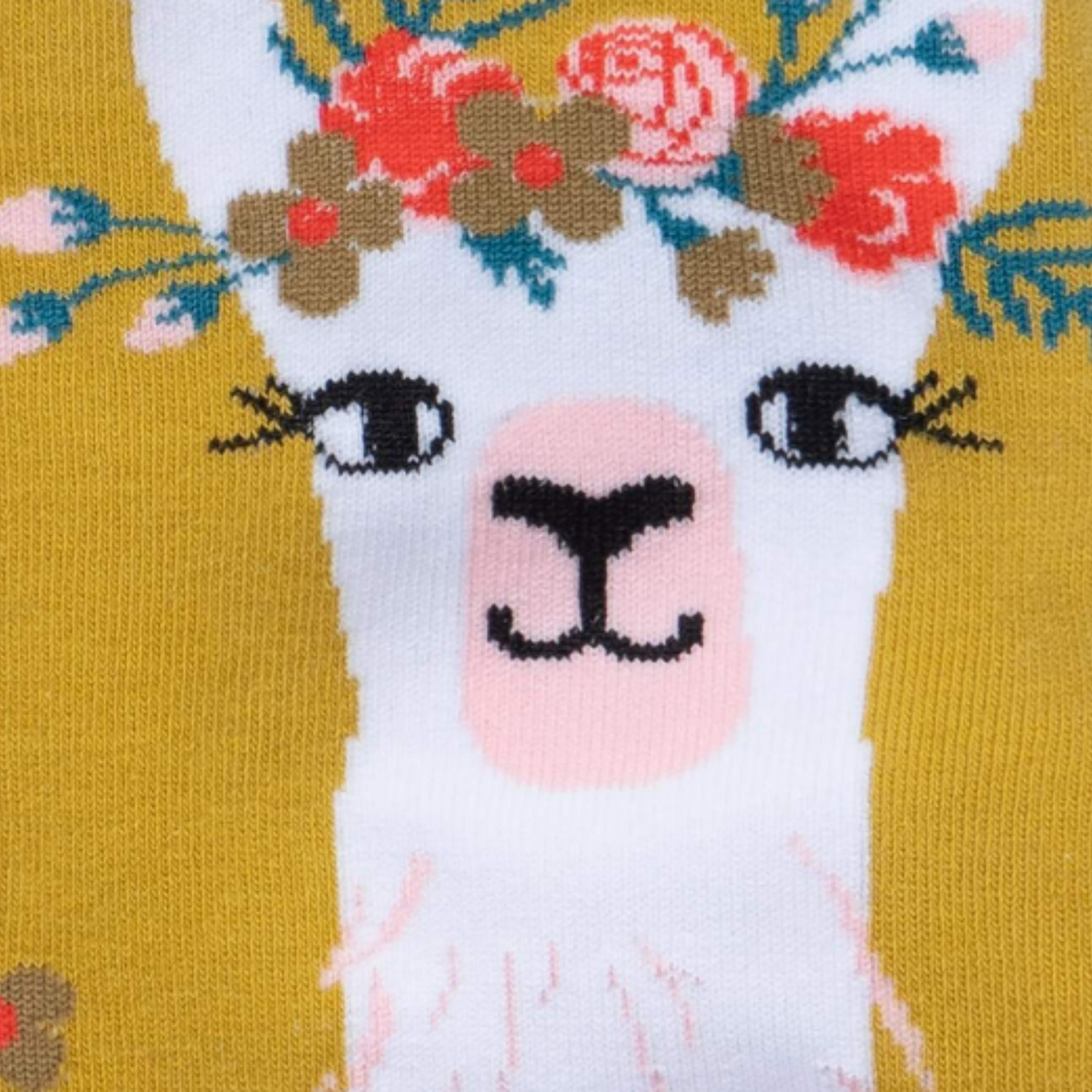 Detail of Sock It To Me Llama Queen women&#39;s sock featuring goldenrod knee high sock with white llama wearing a floral crown 