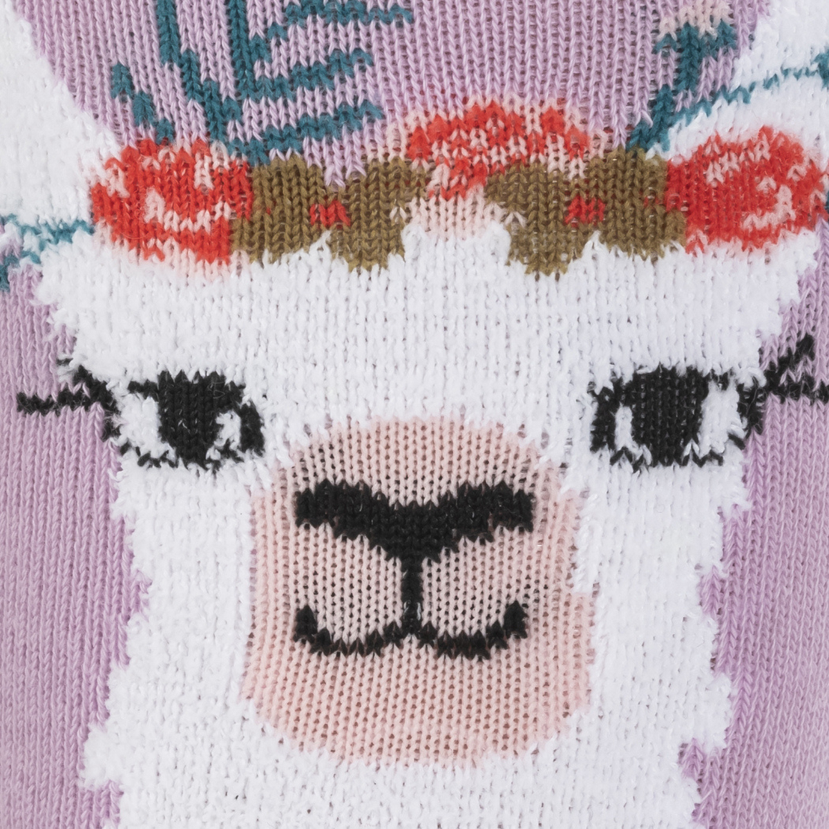 Sock It To Me Llama Queen kids&#39; sock featuring purple knee high sock with white llama wearing a floral crown worn detail of llama face
