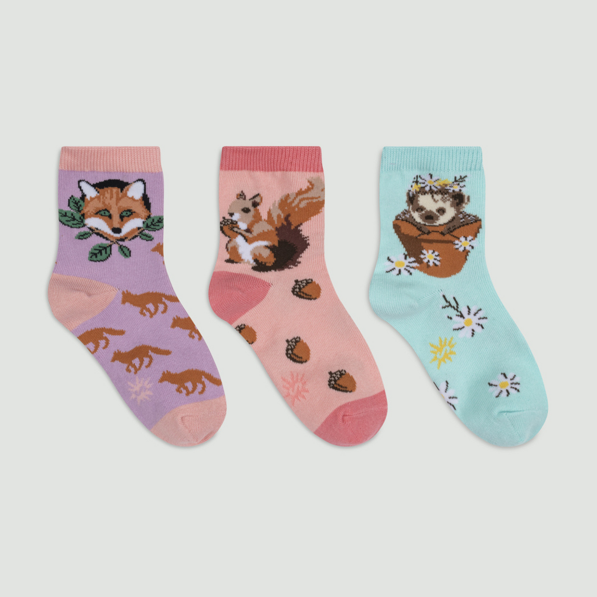 Sock It To Me My Dear Hedgehog 3-pack kids&#39; socks featuring fox, squirrel, and hedgehog socks