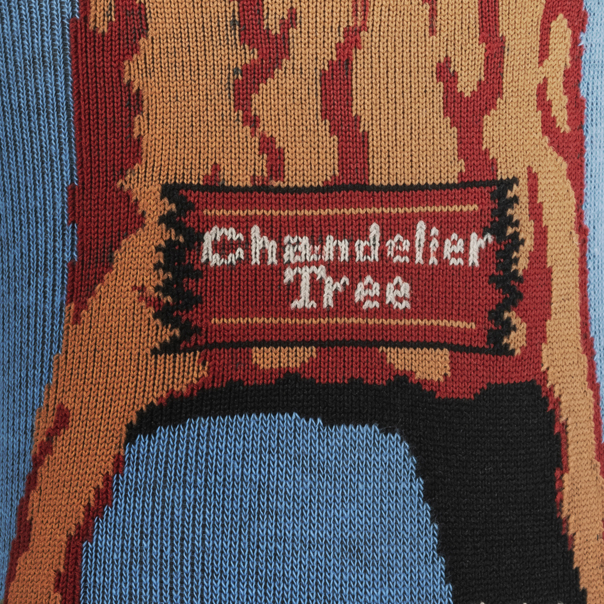 Detail of Chandelier Tree sign on Sock It To Me Redwoods women&#39;s and men&#39;s sock featuring VW Van driving through Chandelier Tree redwood