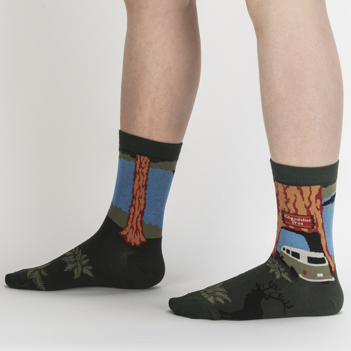 Sock It To Me Redwoods women&#39;s and men&#39;s sock featuring VW Van driving through Chandelier Tree redwood worn by female model from side