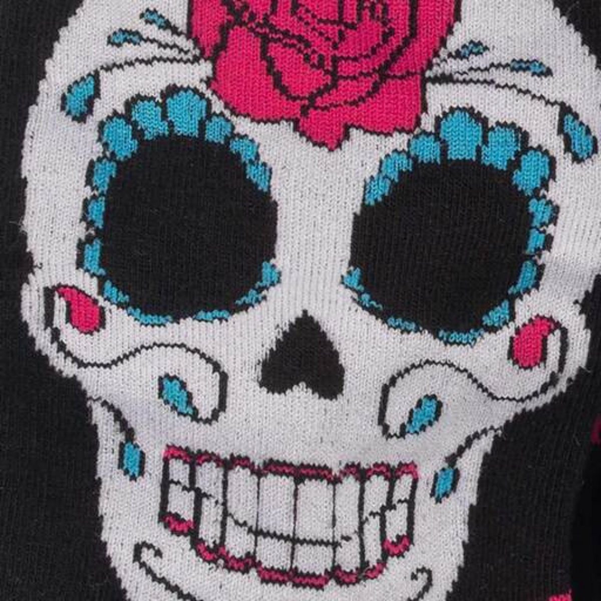 Detail of Sock It To Me Sugar Skull women&#39;s knee high sock. 
