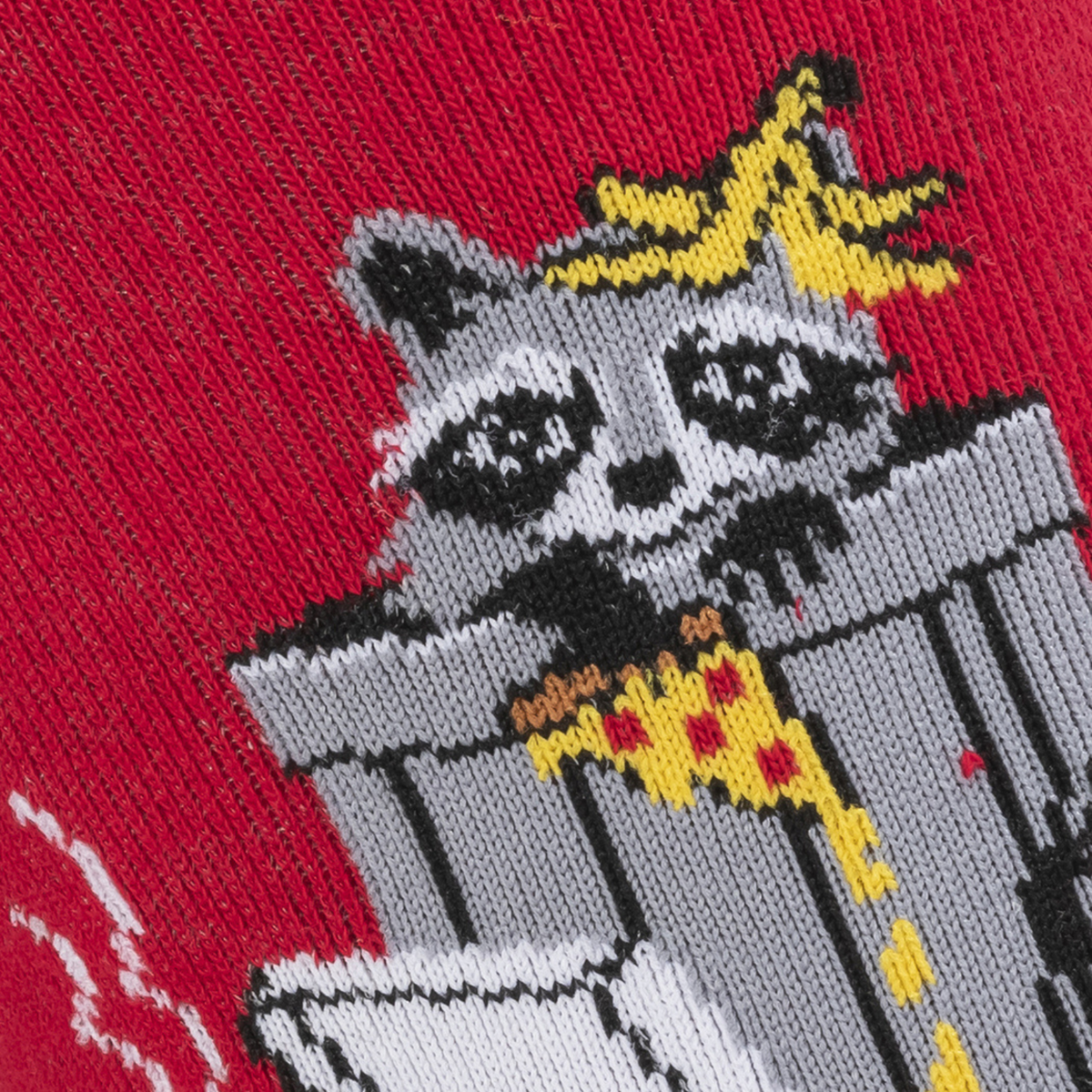 Sock It To Me Trash Panda men&#39;s sock featuring red crew sock with raccoons eating pizza out of the trash detail of raccoon in trashcan with pizza and banana peel on its head