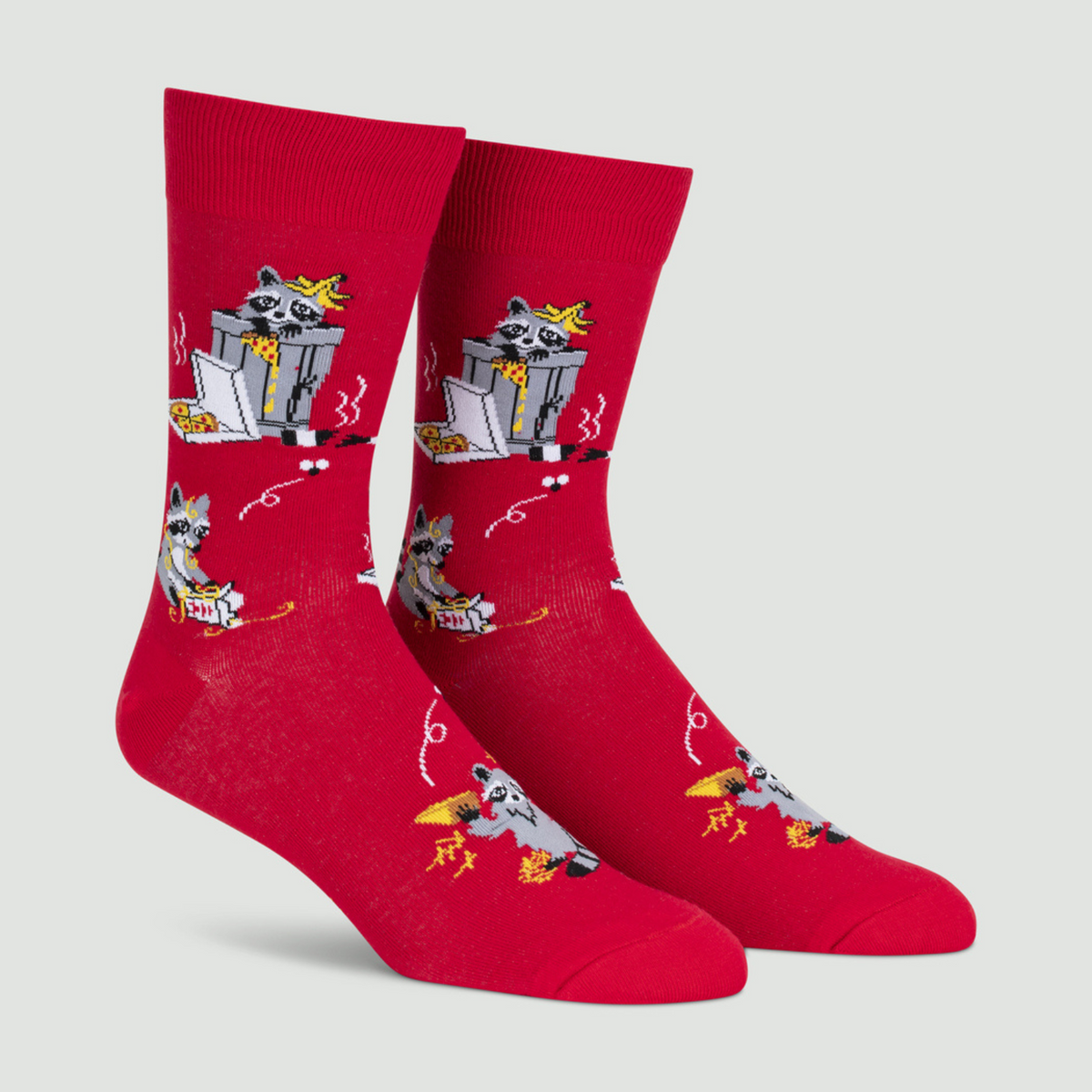 Sock It To Me Trash Panda men&#39;s sock featuring red crew sock with raccoons eating pizza out of the trash on display feet