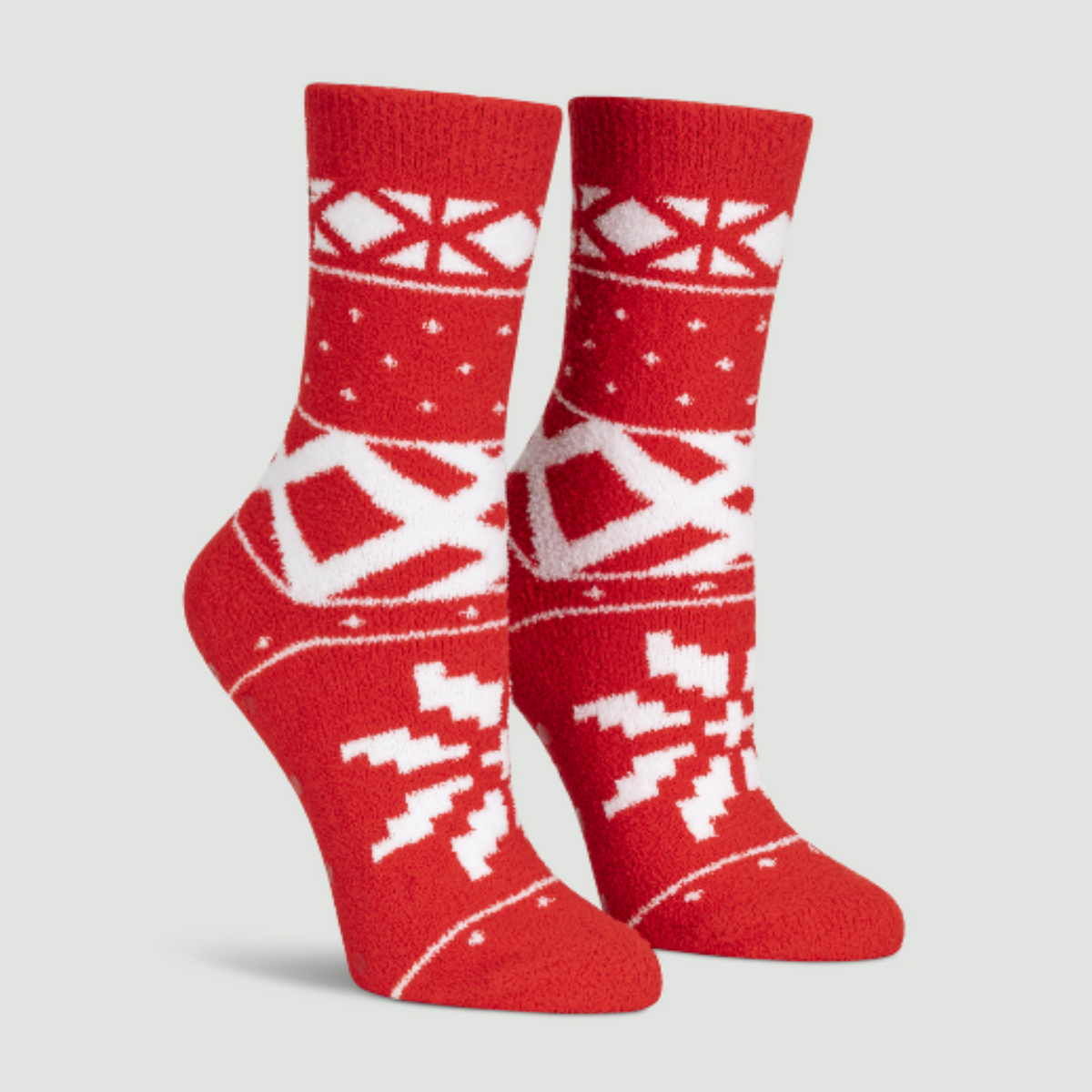 Sock It To Me You Sweater Believe It women&#39;s slipper sock featuring red fair isle pattern. Socks shown on display feet.  