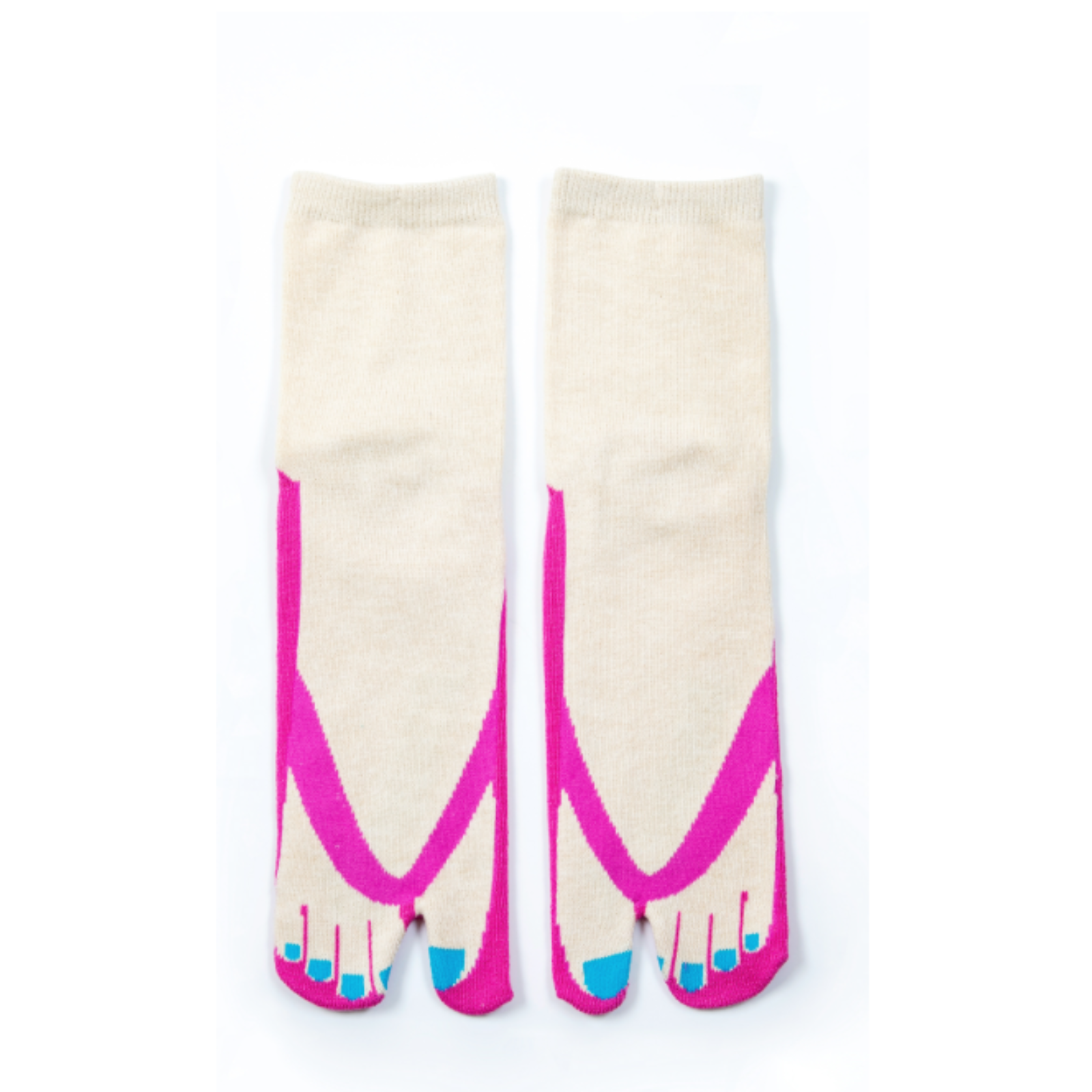 Socks Up Pedicure women's toe tabbisock featuring pink flip flops with blue toe nails shown on display
