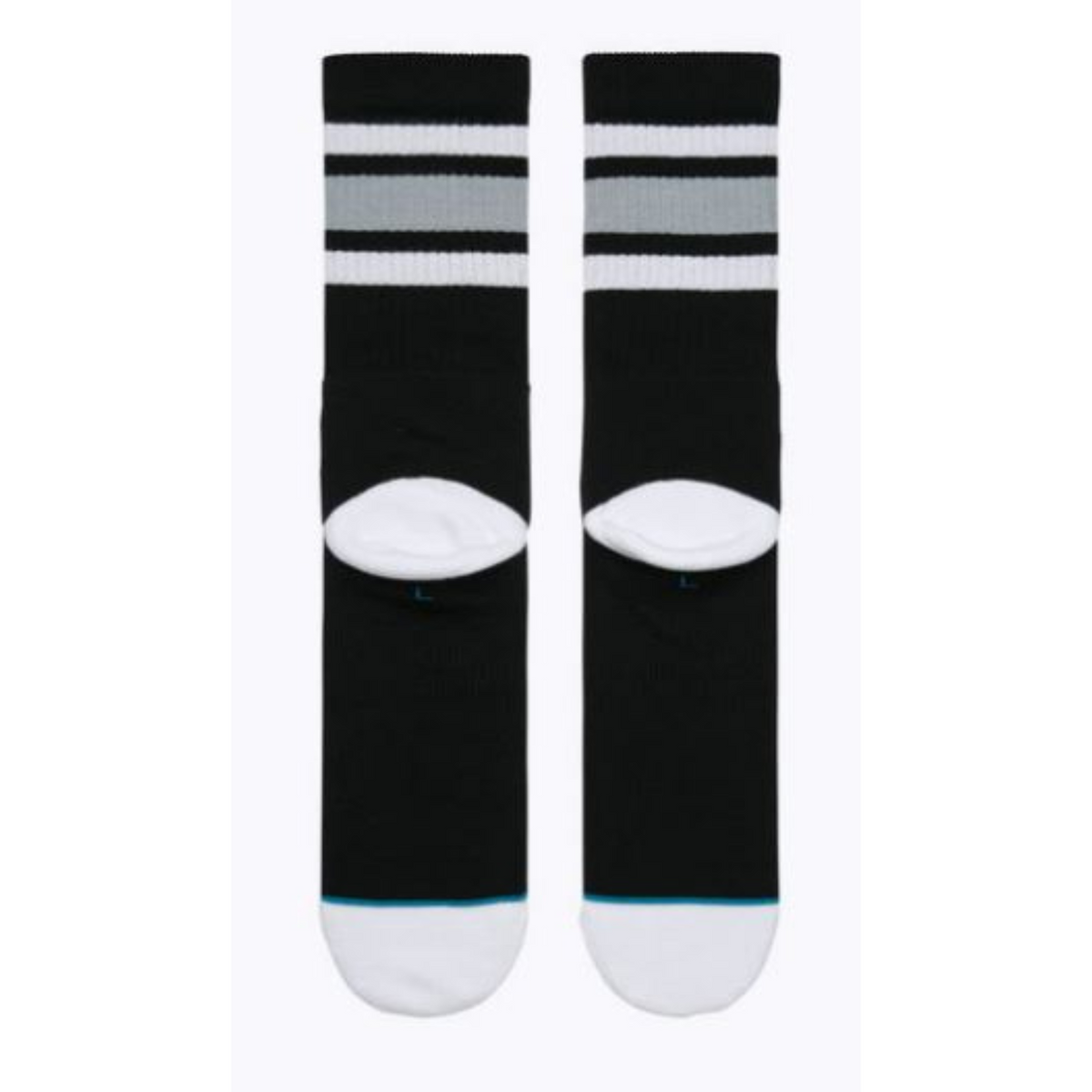 Bottom of Stance Boyd crew height men&#39;s sock featuring black sock with white toe and heel and gray and white stripes at top. 